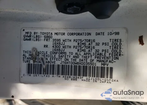 1999 Lexus Lx 470 из США, поврежденный, VIN JT6HT00W8X0035501